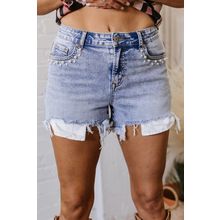 Beau Blue Pearl Studded Pockets Raw Hem Denim Shorts