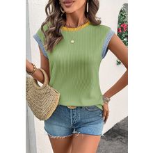 Grass Green Color Block Corded Knit Crew Neck Tee