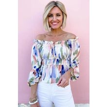 White Abstract Print Frill Off Shoulder Bubble Sleeve Blouse