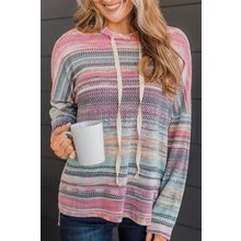 Multicolor Striped Print Cable Knit Drop Shoulder Hoodie