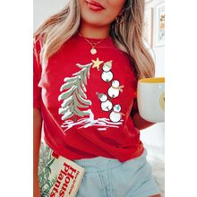 Red Christmas Tree Snowman Printed Crewneck T Shirt