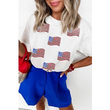 White Sequin American Flag Patched Casual T Shirt
