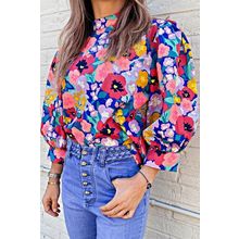 Blue Mock Neck Bubble Sleeve Floral Print Blouse