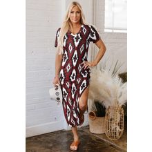 Red Western Aztec Printed Long T-shirt Dress