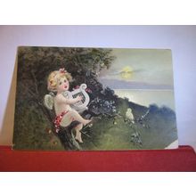 CHERUB AND LYRE unused antique postcard by Stewart & Woolf =