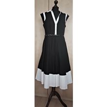Collection Linen Colourblock White Black Fit &Flare Belt Dress 16 UK