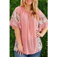 Pink Plus Size Floral Patchwork Ruffled Short Sleeve Blouse