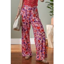 Purple Floral Wide Leg Elastic High Waist Pants