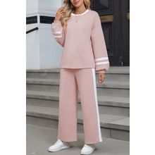 Pink Varsity Stripe Patchwork Puff Sleeve Pullover Drawstring Wide Leg Pant Set