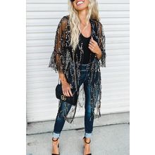 Black Sequin Sheer Long Sleeve Open Front Kimono