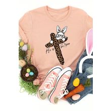 Pink He is Risen Easter Bunny Leopard Cross Graphic Tee