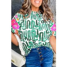 Blackish Green Embroidered Puff Sleeve Frilled Neck Printed Top
