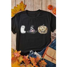 Black Halloween Sequin Pattern Patched Crewneck Tee
