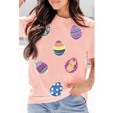 Pink Sequin Easter Eggs Graphic Crewneck T Shirt