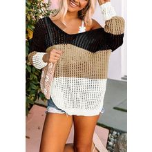 Black Color Block Eyelet Long Sleeve Twisted Back Knit Top