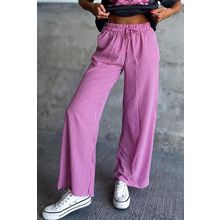 Pink Plaid Print Drawstring High Waist Wide Leg Casual Pants