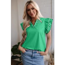 Bright Green Contrast Scallop Trim Layered Short Sleeve V Neck Blouse