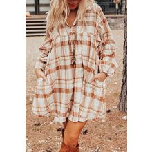 Brown Plaid Print Side Pockets Frilled Babydoll Mini Dress