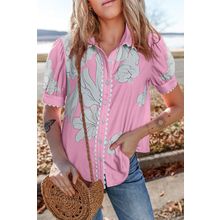 Rose Floral Ric Rac Edge Puff Sleeve Button Up Summer Shirt