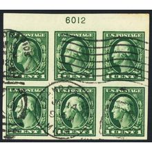 408, Used 1¢ XF Top Plate Block of Six Stamps * Stuart Katz