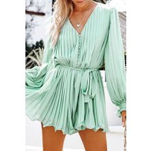 Green Pleated Ruffled Tie Waist Buttons V Neck Romper