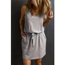 Gray Sleeveless Drawstring Waist Mini Dress