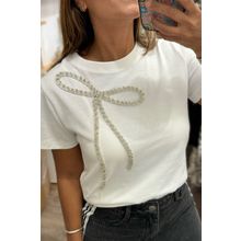 White Rhinestone Bow Embellished Round Neck Tee