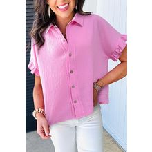 Bonbon Mineral Wash Textured Ruffle Trim Short Sleeve Shirt