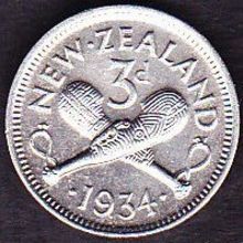 1934 New Zealand Threepence Silver Coin