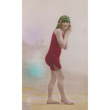 Green Striped Stripey Noddy Style Wooly Hat Red Swimsuit WW1 Fashion Postcard