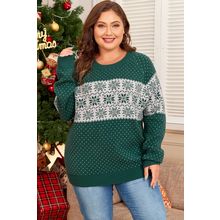 Green Christmas Snowflake Pattern Drop Shoulder Plus Size Sweater