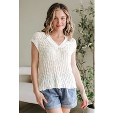 Beige Notched V Neck Short Sleeve Sweater