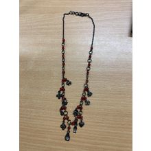 VINTAGE SILVER TONE CHARMS & RED STONES NECKLACE 18 GRAMS 24cm LONG (P3)