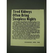 1948 Doan's Pills Ad - Tired Kidneys often bring sleepless nights