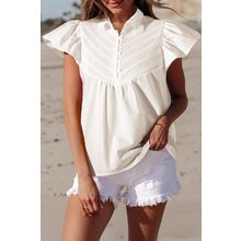 White Half Button Lace Patchwork Flutter Sleeve Blouse