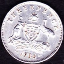 1936 Australia 1 Threepence Silver Coin