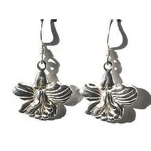 Sterling Silver Inverted Iris Blossom and Leaves Dangle Earrings