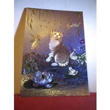 ENCHANTED by Jean Henry unused postcard art kitten and fairies #