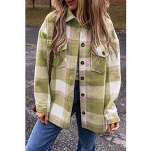 Sage Green Plaid Print Buttoned Flap Pockets Baggy Shacket