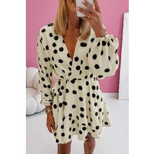 Beige Polka Dot Printed Surplice V Neck Puff Sleeve Mini Dress