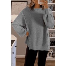 Gray Waffle knit Bishop Sleeve Split Oversized Top