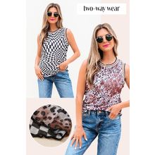 Multicolour Cheetah Checkered Dual Print Reversible Round Neck Mesh Tank Top