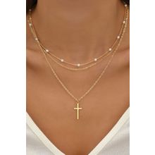 Gold Plated Cross Pendant Pearl Decor Triple Layer Chain Necklace