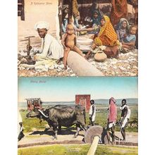 A Kathiawar Home Indian House + Mortar Elephant Mixing 2x Old India Postcard s