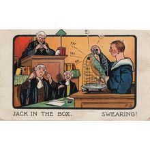 Jack In The Box Parrott Budgie Swearing In Court Judge Comic Postcard