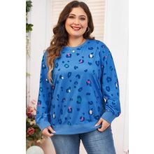 Sky Blue Leopard Ribbed Edge Drop Shoulder Pullover Sweatshirt