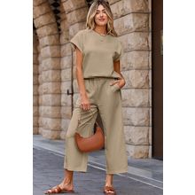 Parchment Solid Color Textured Short Sleeve Top and Casual Pants Set