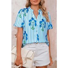 Sky Blue Stripe Floral Buttoned Frilly Notched Neck Puff Sleeve Summer Blouse