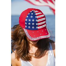 Fiery Red American Flag Rhinestone Decor Baseball Cap