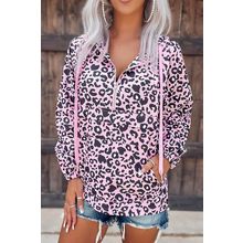 Leopard Print Zipper Kangaroo Pocket Pullover Hoodie